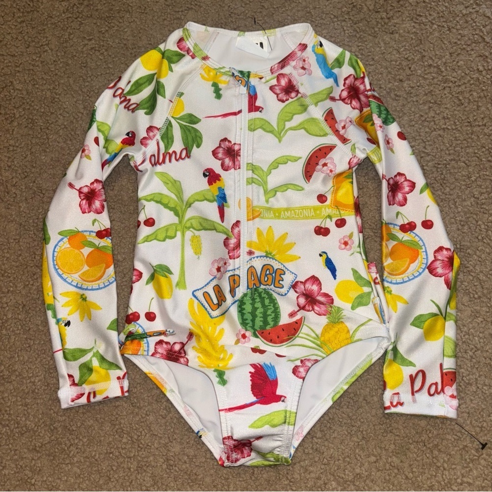 Cotton On Lydia vanilla tropical fruit long sleeve swimsuit, size 4